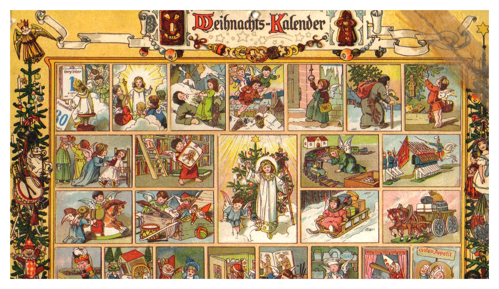 Vintage public-domain German Weihnachts-Kalender sheet, Im Lande des Christkinds, illustrated by Richard Ernst Kepler.