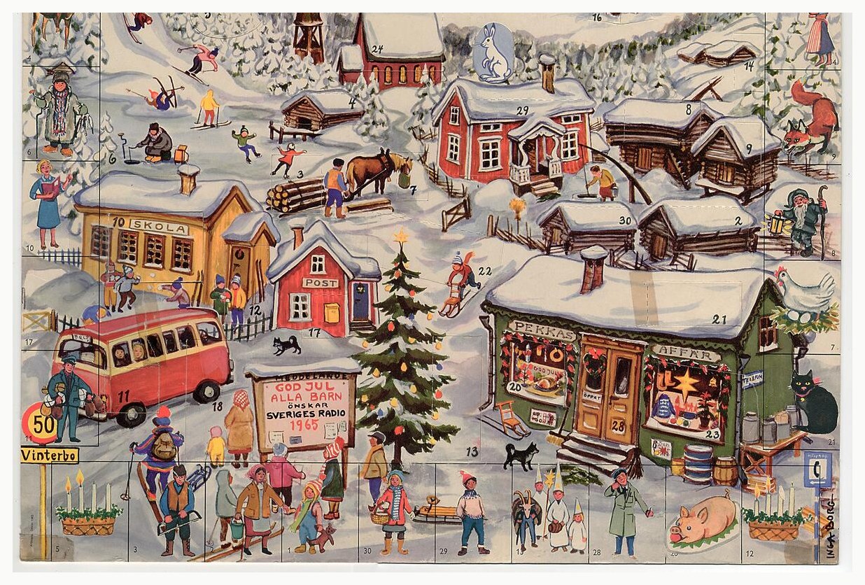 1965 Swedish paper julkalender Farbror Pekkas — snowy village illustration by Inga Borg.