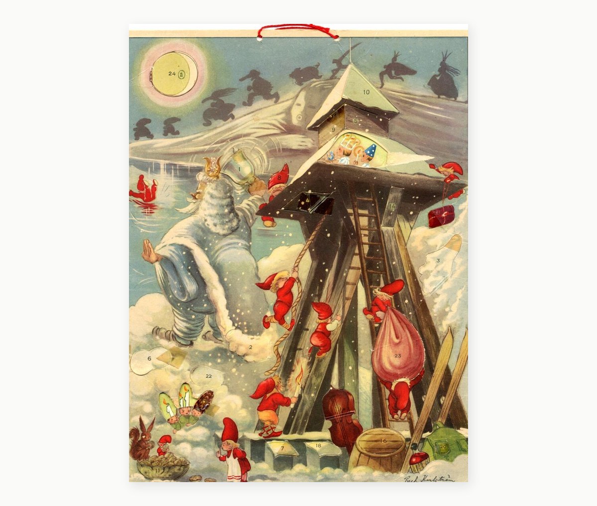 Vintage Swedish paper advent calendar by Puck Karlström — snowy tower scene with numbered paper flaps, some open.